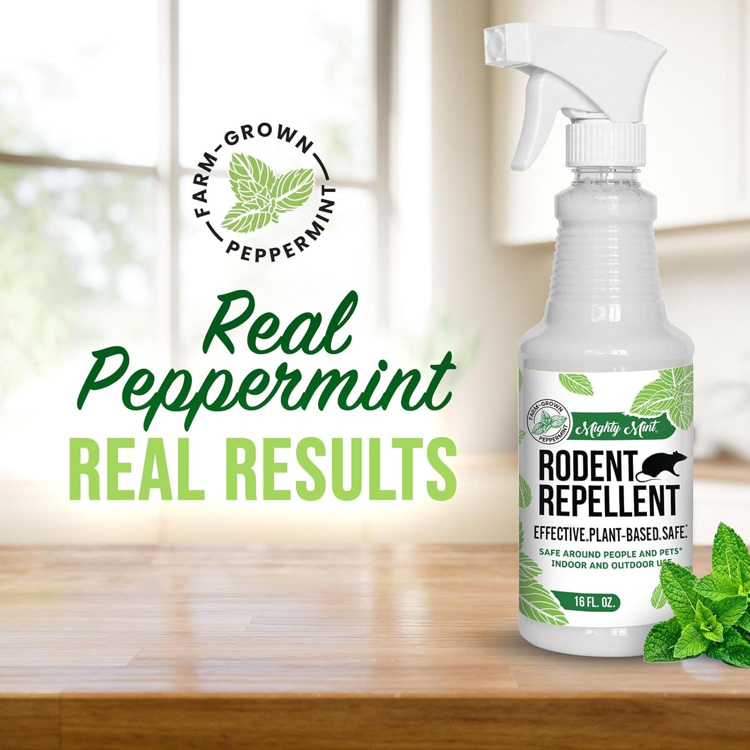 Communicates that the rodent repellent uses real, farm-grown peppermint to deliver effective results, reassuring shoppers about the product's natural ingredient quality and performance. Highlights…