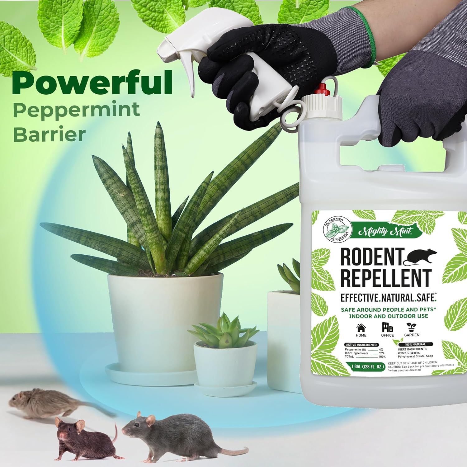 Communicates that the product uses a powerful peppermint formula as a natural barrier to repel rodents, reassuring shoppers of its effectiveness and safety around people and pets.