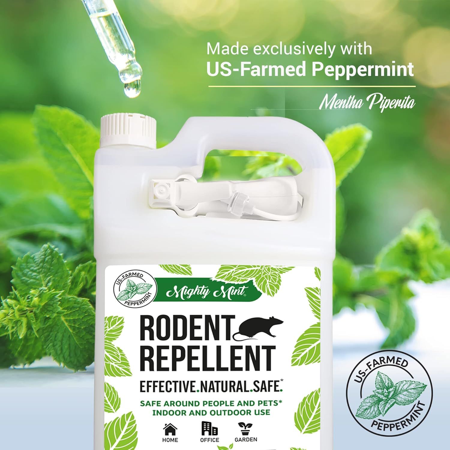 Highlights that the rodent repellent is made exclusively with US-farmed peppermint (Mentha Piperita), emphasizing the natural, safe, and locally-sourced quality of the product to reassure shoppers…
