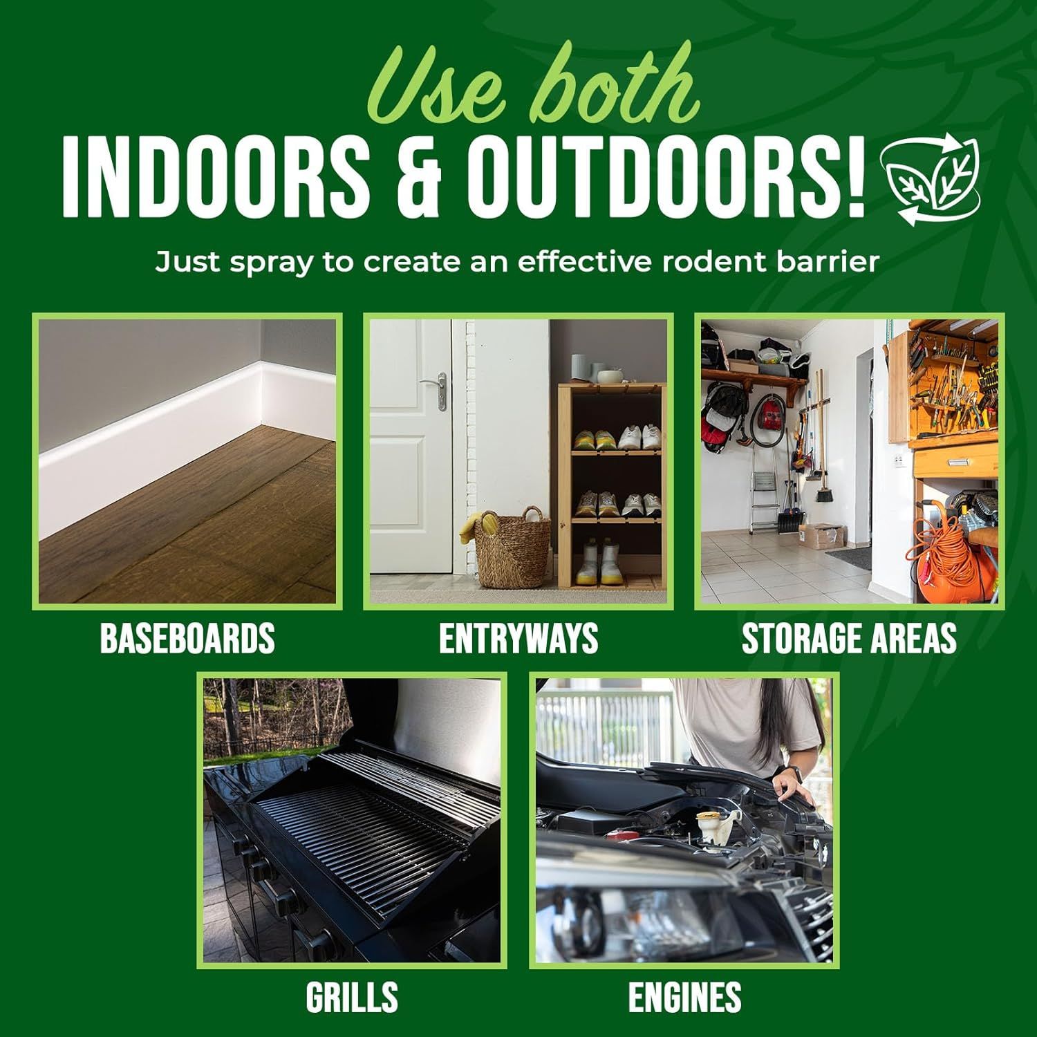 Demonstrates the versatility of the rodent repellent spray by showing five different use cases where it can be applied, both indoors (baseboards, entryways, storage areas) and outdoors (grills,…