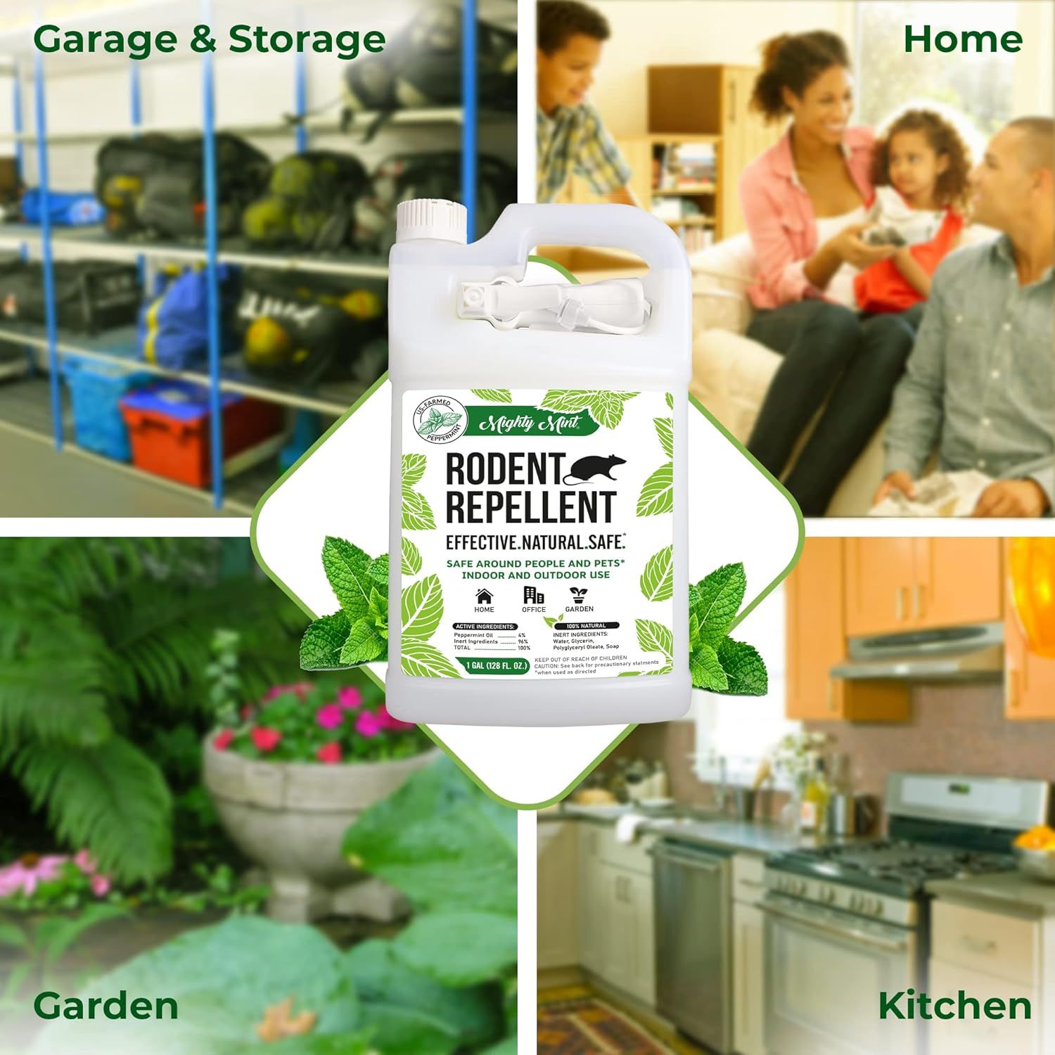 Demonstrates the versatility of the rodent repellent by showing it can be used in multiple environments—garage, home living areas, garden, and kitchen—to reassure shoppers of its wide-ranging…
