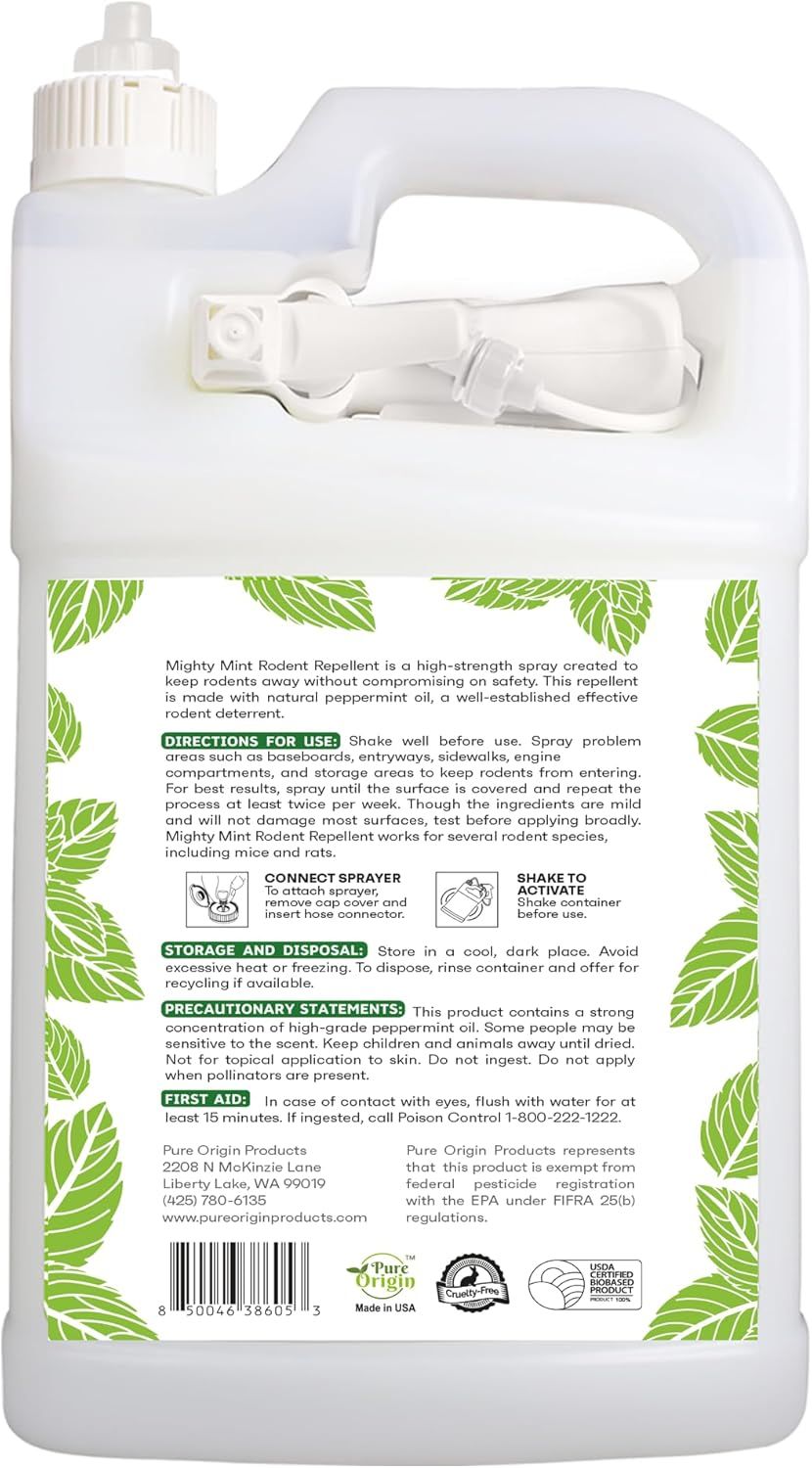 This image provides detailed usage instructions for the rodent repellent spray, showing shoppers how to properly prepare, apply, and store the product for effective results.
