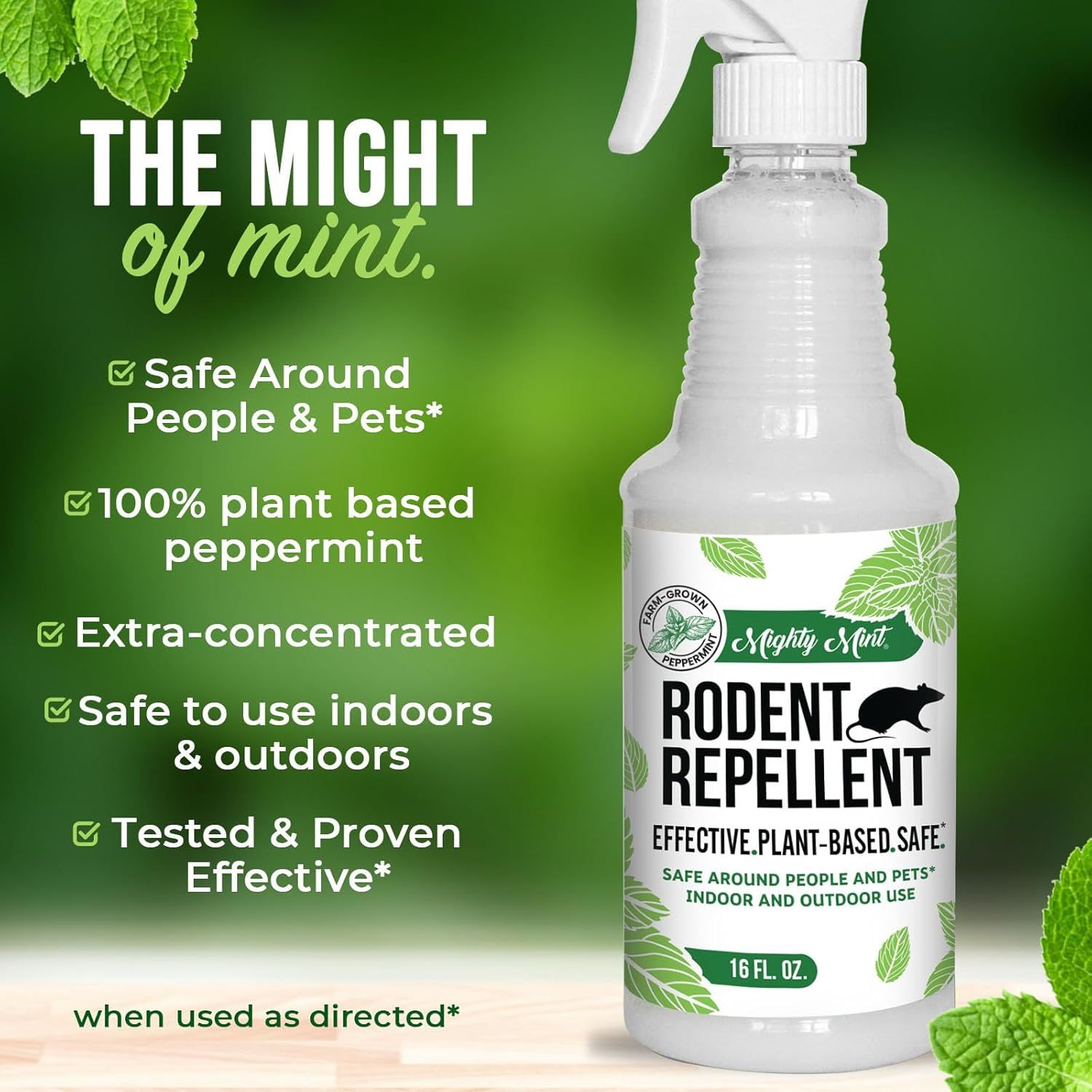 Communicates multiple key benefits of the rodent repellent in a segmented checklist format, emphasizing safety, natural ingredients, concentration, versatility, and effectiveness to reassure…
