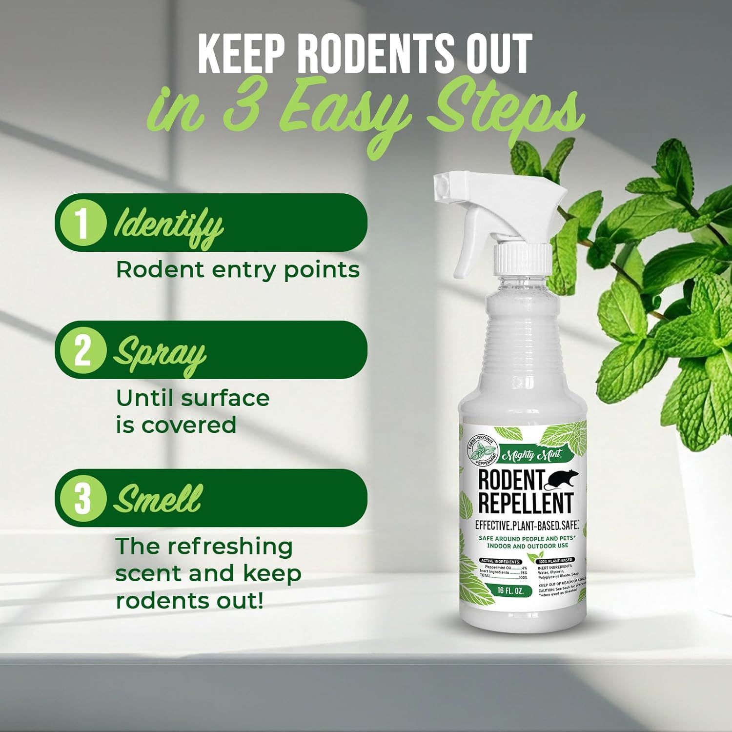 Explains how to use the rodent repellent spray in three simple steps to keep rodents away, making the product easy to understand and use for shoppers. Reinforces that the product is simple and…