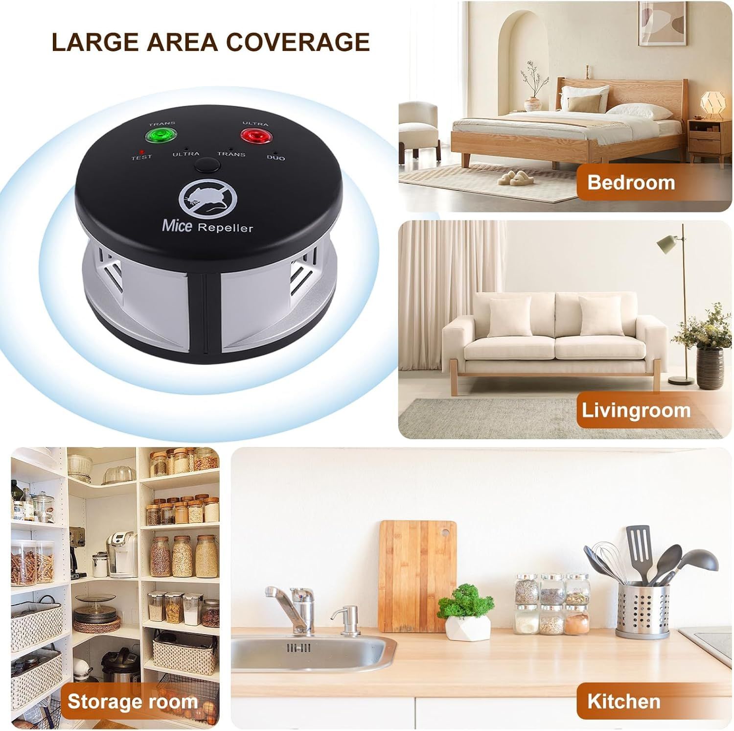 Demonstrates the versatility of the mice repeller by showing it can be effectively used in multiple rooms throughout the home, reassuring shoppers of its wide-ranging applicability. Highlights the…