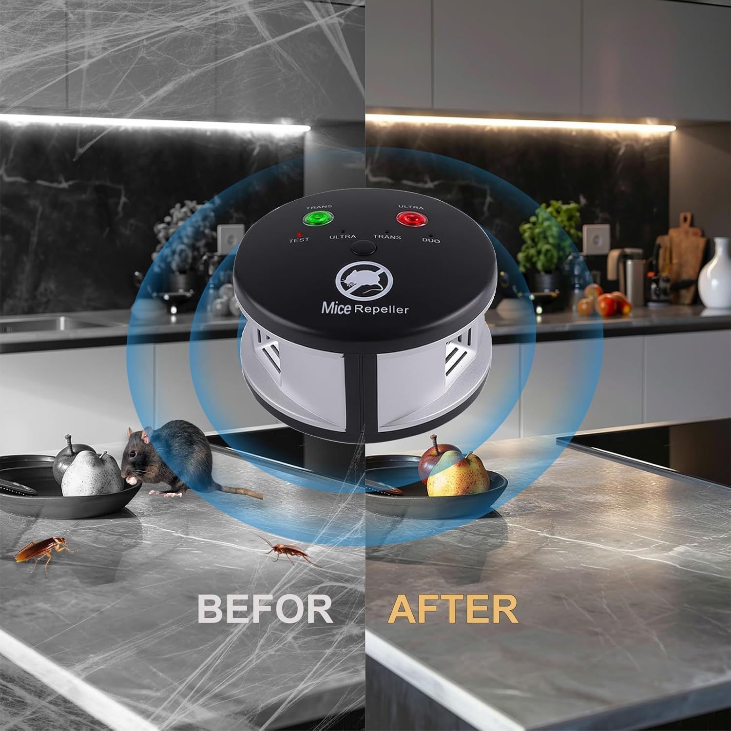 Demonstrates the transformation from a pest-infested kitchen (with mice and cockroaches) to a clean, pest-free environment after using the ultrasonic mice repeller device.