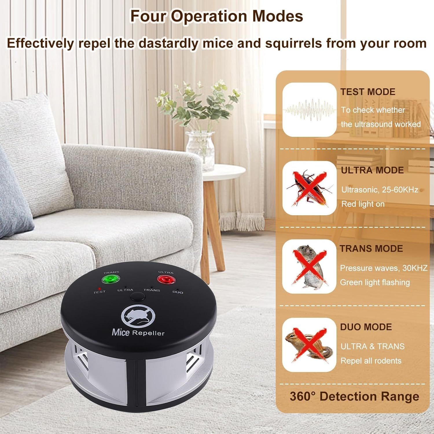 Demonstrates the multiple operational modes and features of the mice repeller device, showing shoppers the versatility and comprehensive pest control capabilities of the product.