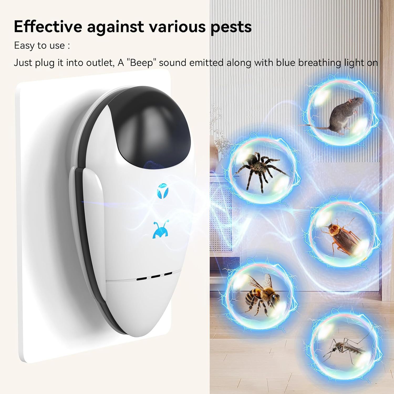 Demonstrates that the pest repeller is effective against multiple types of pests (rat, spider, cockroach, bee, mosquito), reassuring shoppers of its versatility and broad application. Shows shoppers…