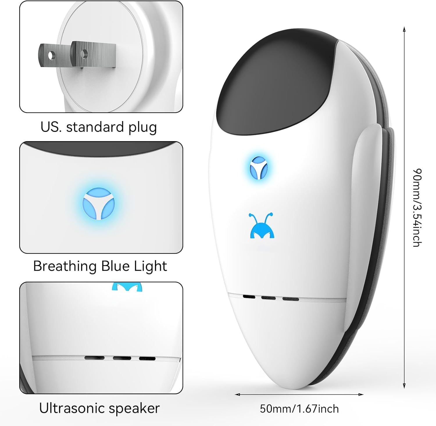 This image breaks down the physical components and features of the pest repeller device, showing shoppers the plug type, indicator light, and speaker location to help them understand how the product…