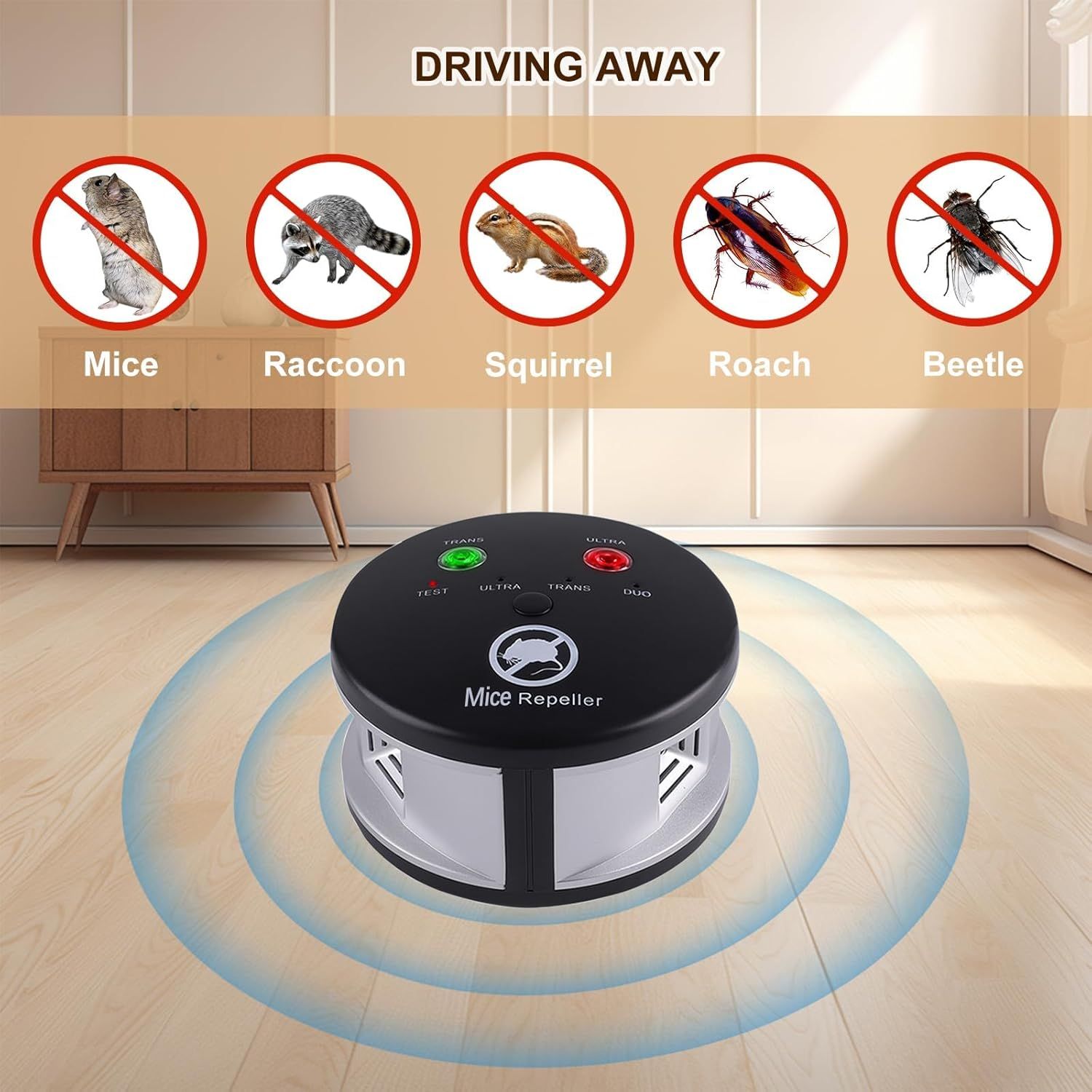 Demonstrates the product's versatility by showing it repels multiple types of pests (mice, raccoons, squirrels, roaches, and beetles), reassuring shoppers of its broad effectiveness.
