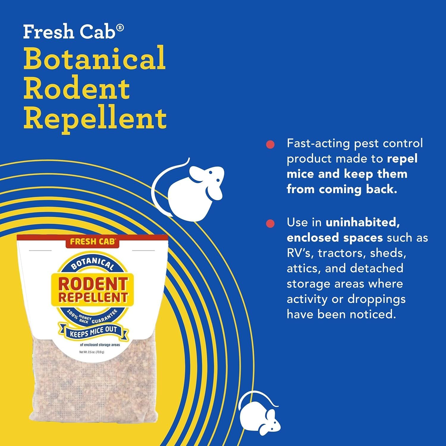 Communicates two distinct benefits of the rodent repellent: its effectiveness at repelling mice and preventing their return, and its specific application in enclosed storage areas like RVs, sheds,…