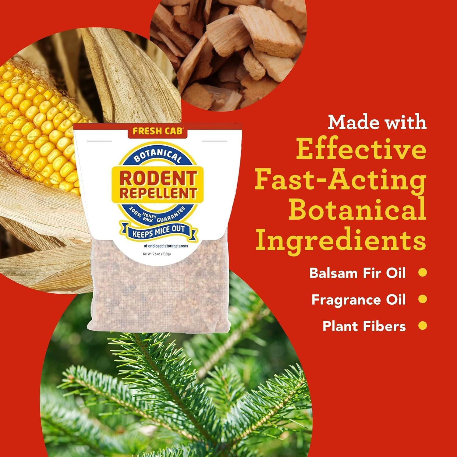 Breaks down the product's natural botanical ingredients (Balsam Fir Oil, Fragrance Oil, Plant Fibers) with visual references to their natural sources to reassure shoppers about the product's…