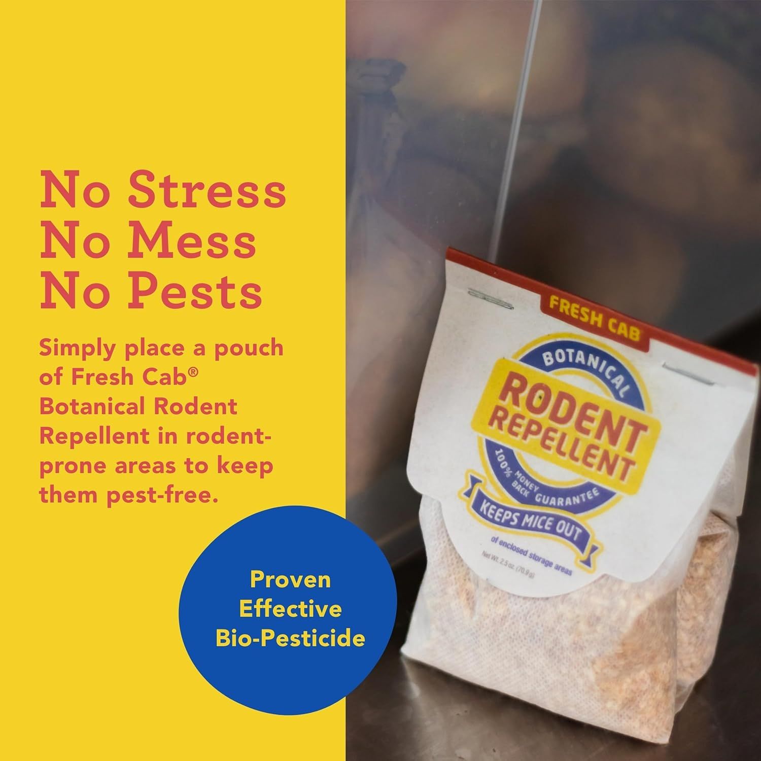 Demonstrates how simple it is to use the product by showing the straightforward placement of the rodent repellent pouch in pest-prone areas. Communicates the core benefit of hassle-free, mess-free,…