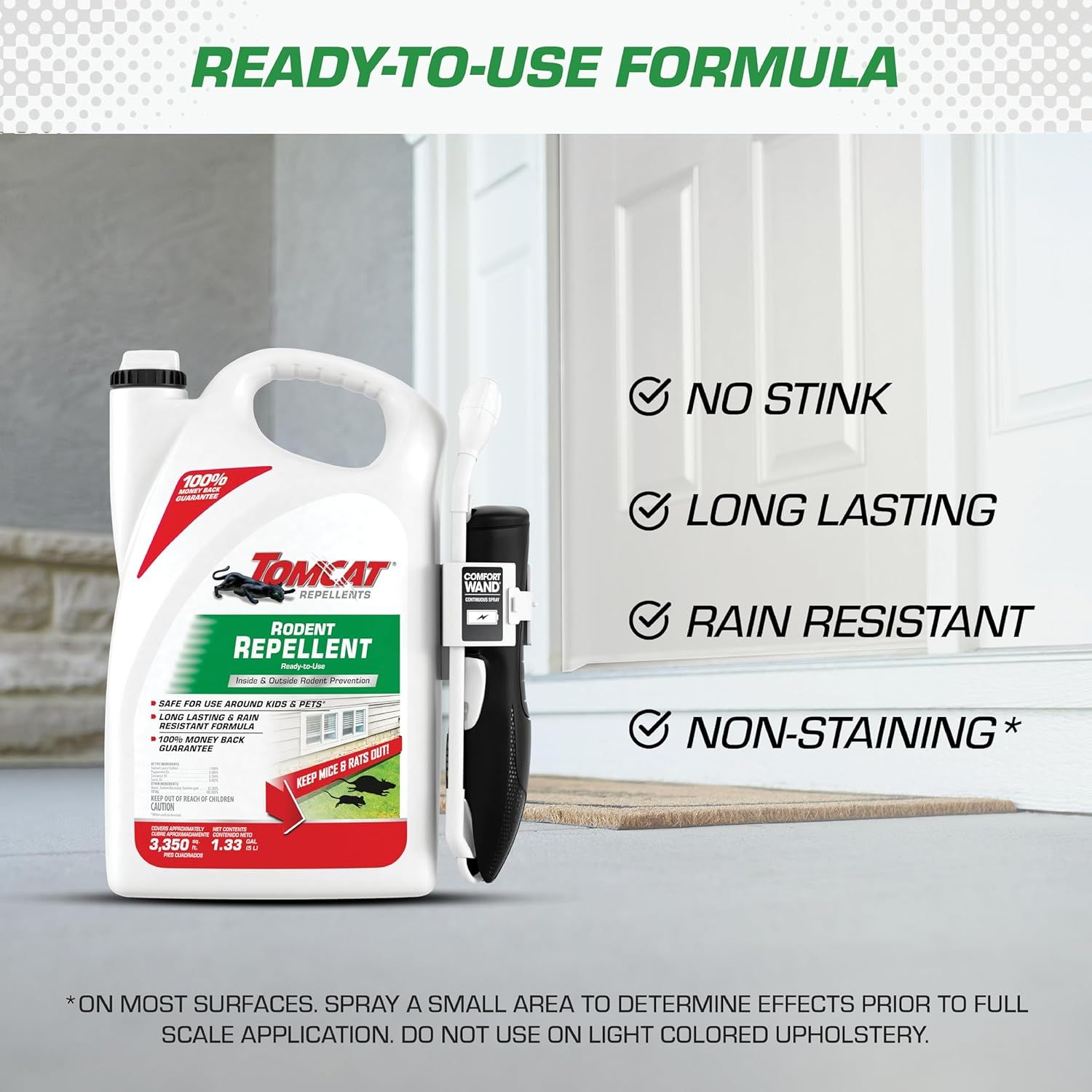 Communicates multiple key benefits of the rodent repellent formula to reassure shoppers about its effectiveness, durability, and safety for use in various conditions.