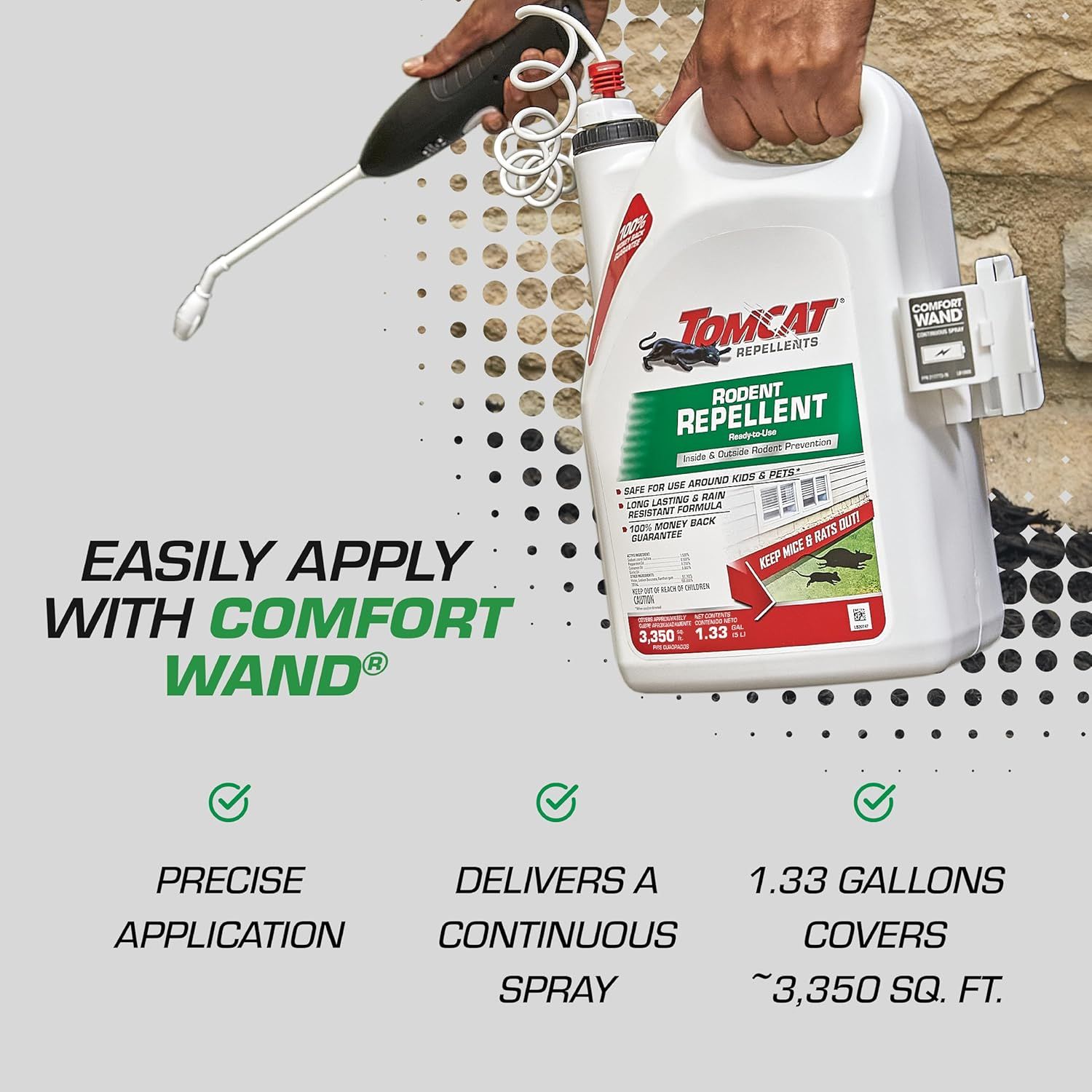 Communicates multiple benefits of the Comfort Wand applicator system: ease of use, precision, continuous spray delivery, and large coverage area to reassure shoppers of convenient and effective…