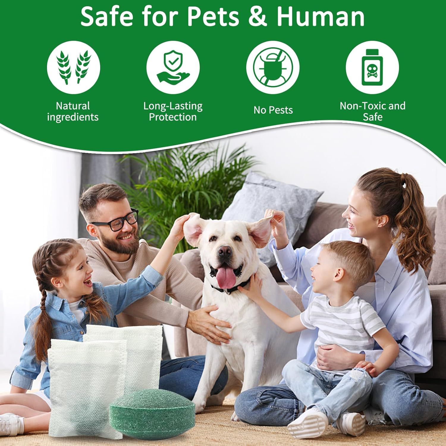 Communicates multiple safety and effectiveness benefits of the product to reassure pet owners and families that it's safe, natural, effective against pests, and provides long-lasting protection.…