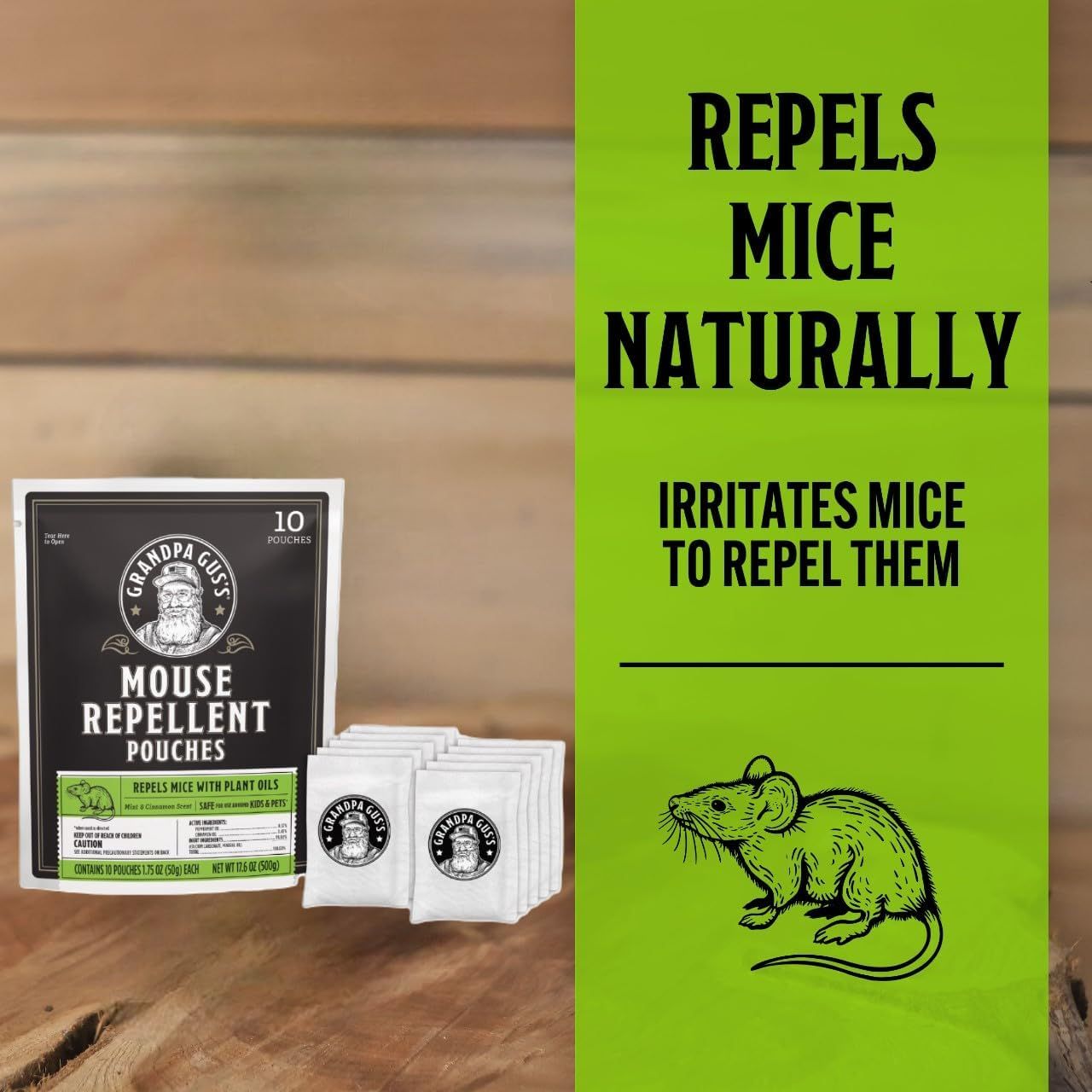 Communicates that the product repels mice naturally using plant oils, reassuring shoppers looking for a safe, non-toxic pest control solution.