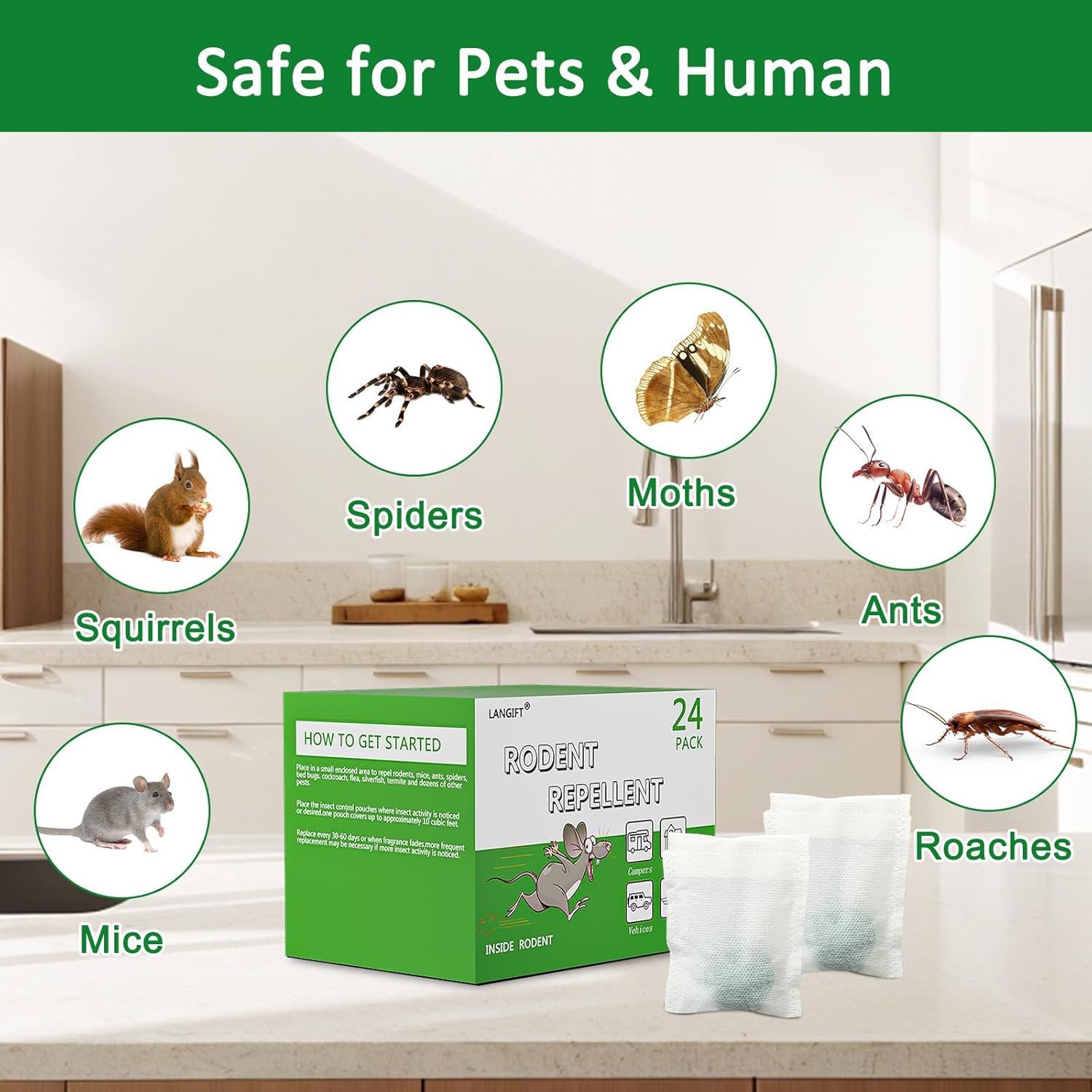 Demonstrates the product's effectiveness against multiple types of pests (mice, squirrels, spiders, moths, ants, roaches) while reassuring shoppers that it is safe for both pets and humans.…