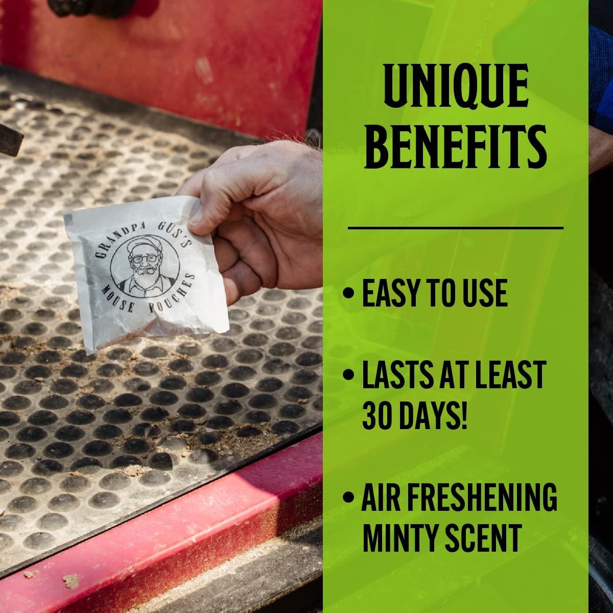 Communicates three distinct product benefits in a segmented bulleted list format to show shoppers the product is convenient, durable, and provides air freshening with a minty scent.