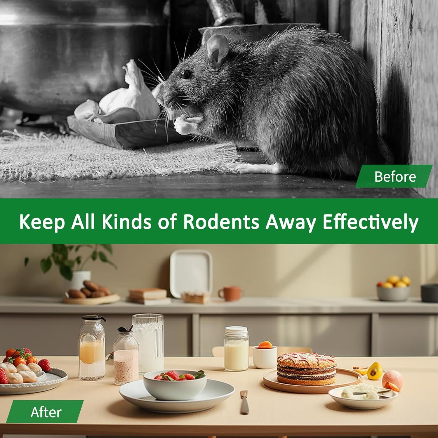Demonstrates the product's effectiveness by showing a rodent-infested kitchen before use and a clean, rodent-free kitchen after use, proving the product delivers on its pest control promise.