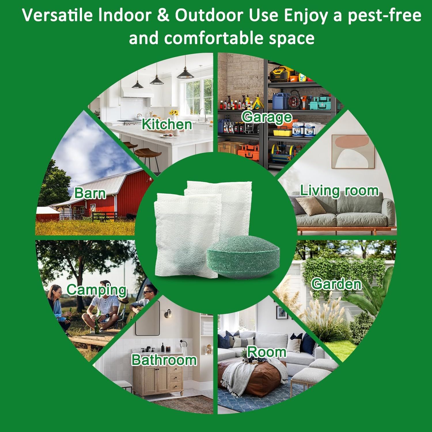 Demonstrates the product's versatility by showing it can be used in multiple environments—kitchen, garage, living room, barn, camping, bathroom, bedroom, and garden—to reassure shoppers of its…