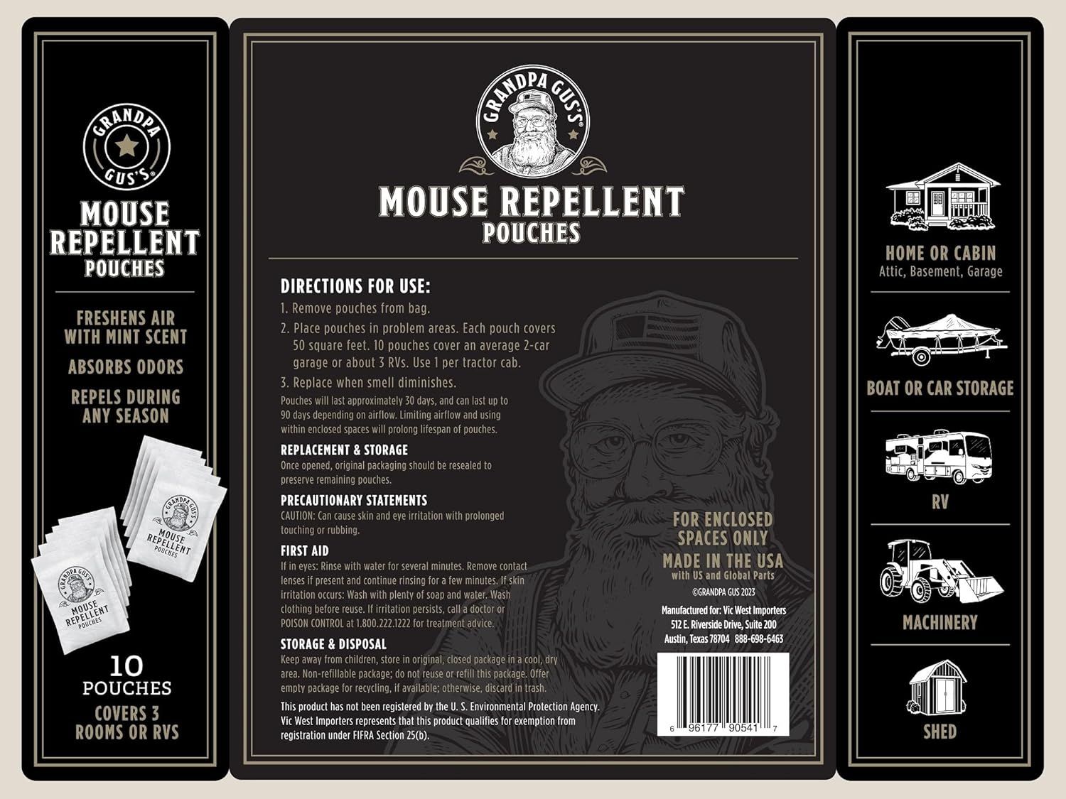 Provides step-by-step directions for using the mouse repellent pouches, including placement, coverage area, and replacement timing to ensure effective pest control. Demonstrates the versatility of…