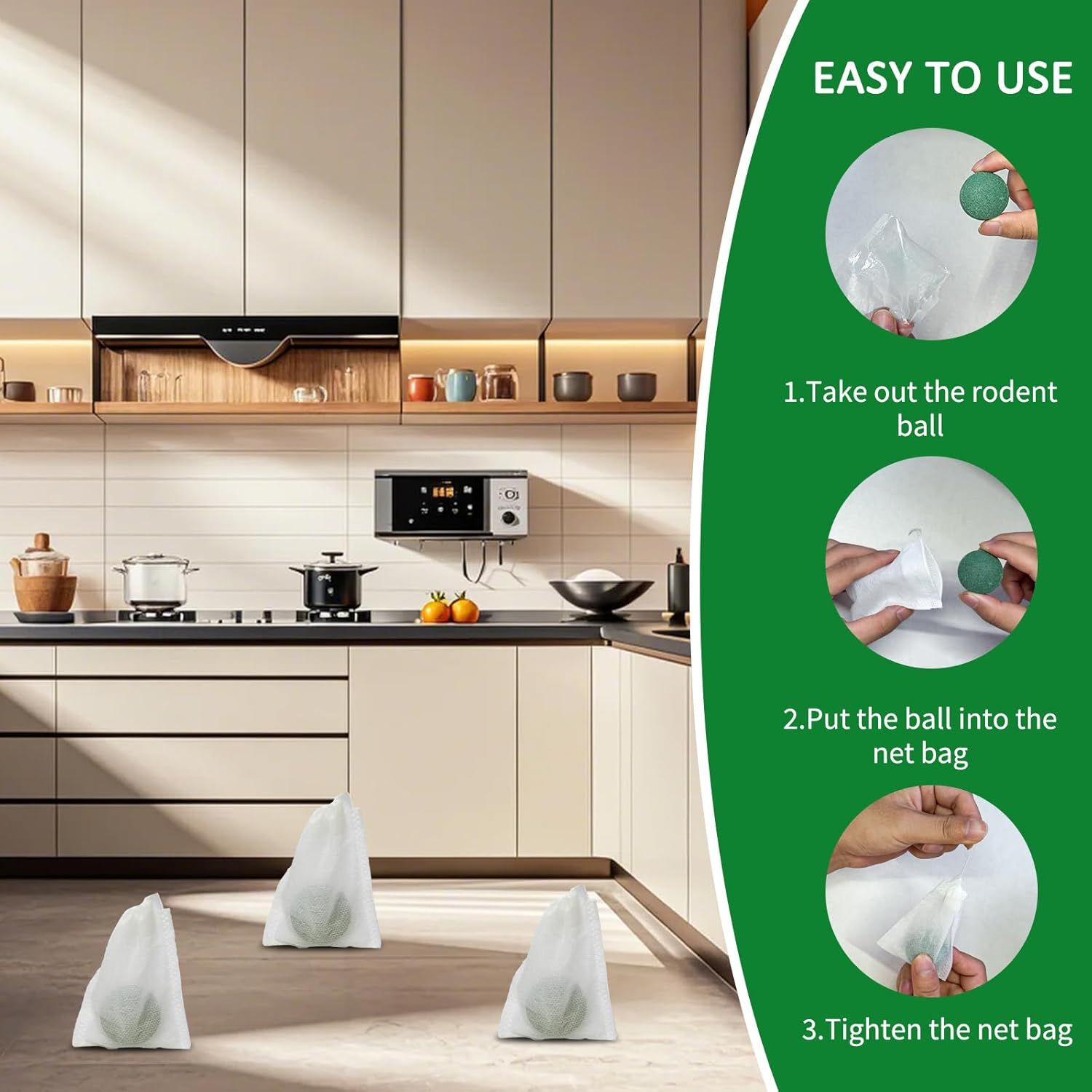 Demonstrates the simple 3-step process for setting up the rodent repellent balls, reassuring shoppers that the product is easy to use and requires minimal effort. Shows the product being used in a…
