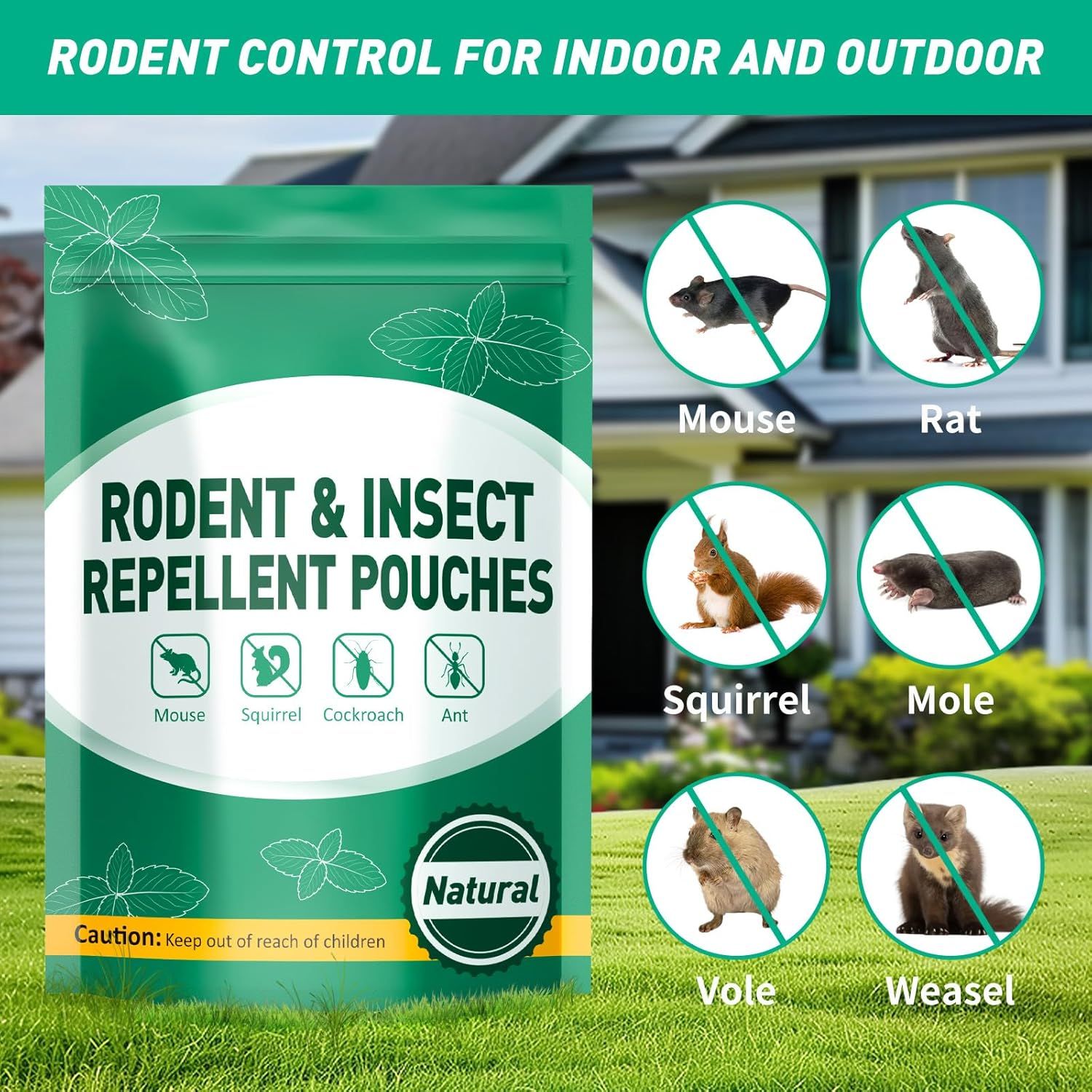 Demonstrates the product's versatility by showing it repels multiple types of rodents and pests (mouse, rat, squirrel, mole, vole, weasel) in both indoor and outdoor environments.