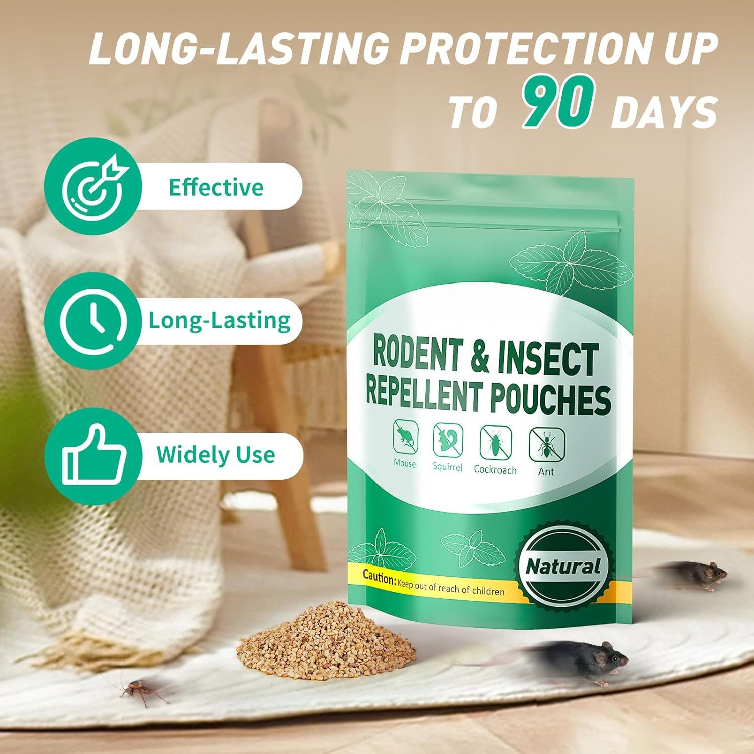 Communicates multiple key benefits of the rodent and insect repellent pouches in a visually segmented layout, emphasizing effectiveness, long-lasting protection, versatility, and natural ingredients…