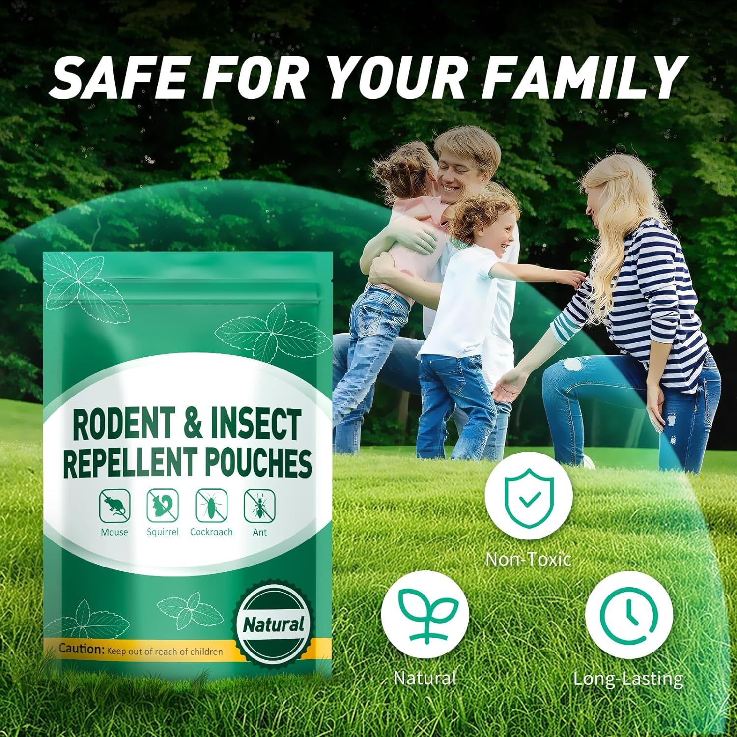 Communicates multiple key benefits of the rodent and insect repellent pouches in a segmented layout, emphasizing safety, natural ingredients, and effectiveness to reassure families.