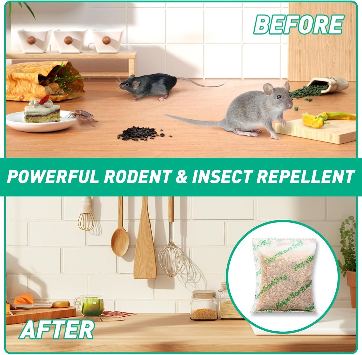 Demonstrates the product's effectiveness by showing a kitchen infested with rodents and insects before use, and a clean, pest-free kitchen after use, proving the repellent works.