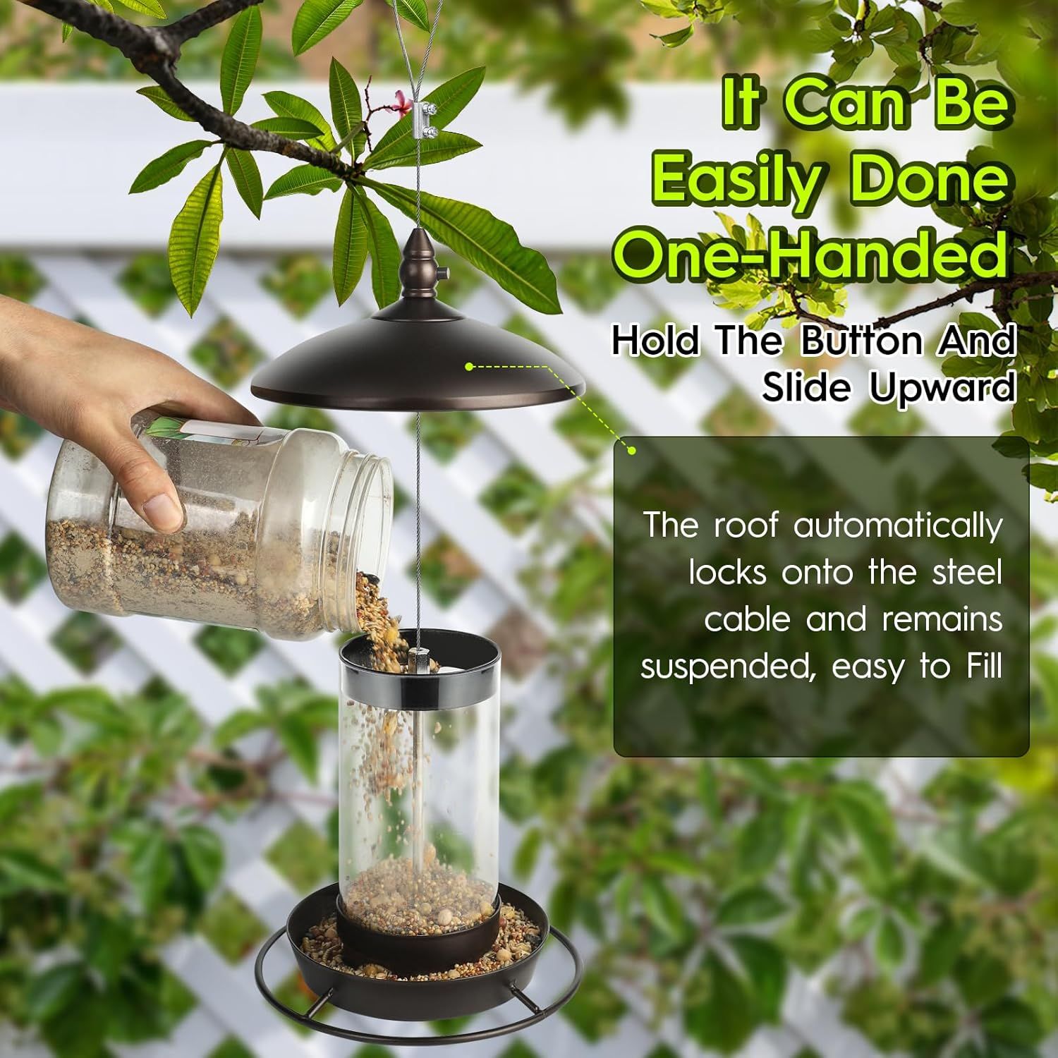 Demonstrates how to easily refill the bird feeder one-handed by holding the button and sliding upward, reassuring shoppers that the product is simple and convenient to use. Highlights the…