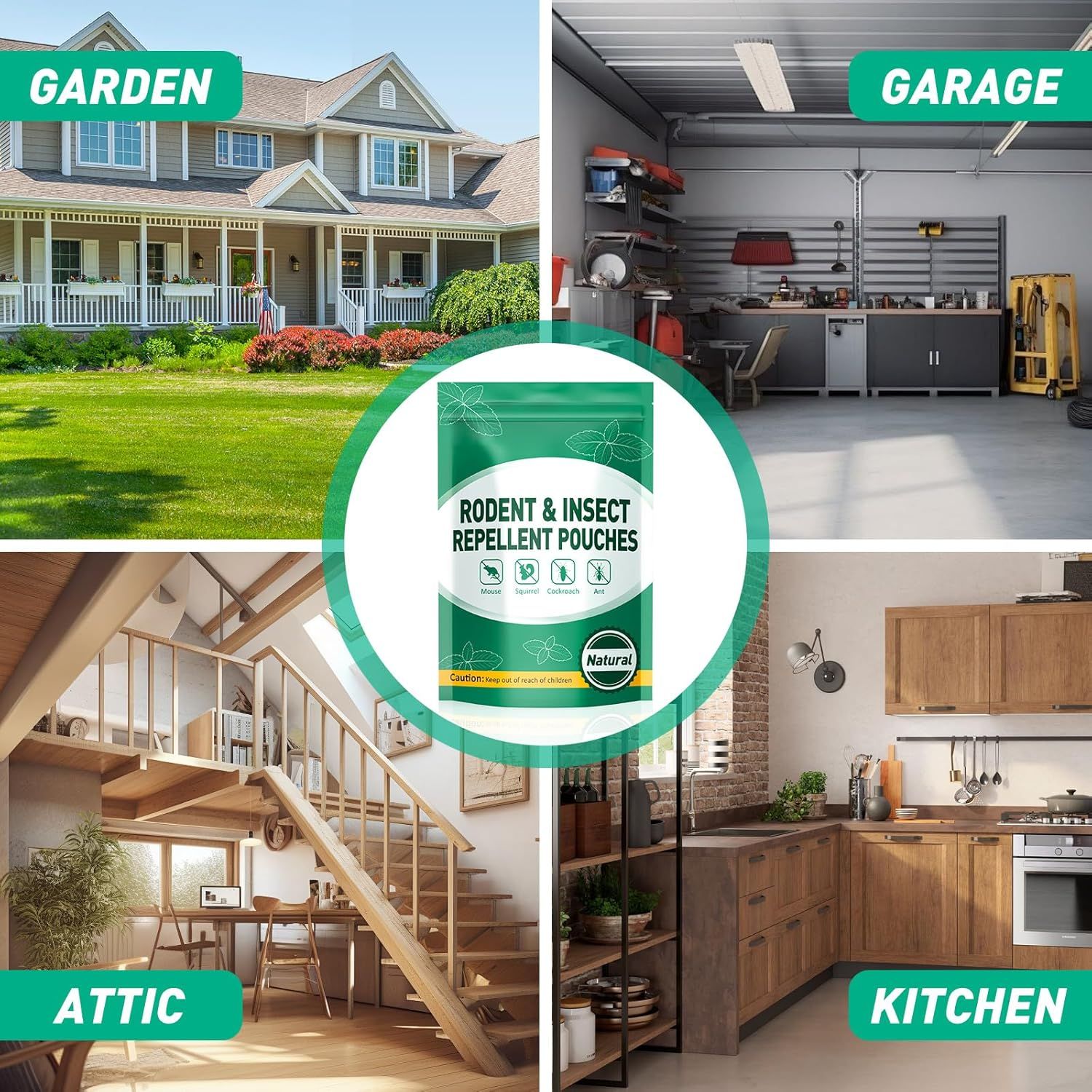 Demonstrates that the rodent and insect repellent pouches can be used in multiple locations throughout the home—garden, garage, attic, and kitchen—to reassure shoppers of the product's versatility…