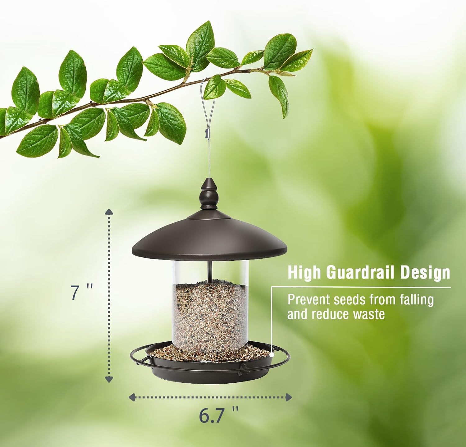 Shows the exact physical dimensions of the bird feeder (7 inches height, 6.7 inches width) to help shoppers understand the product's size before purchase. Highlights the high guardrail design…