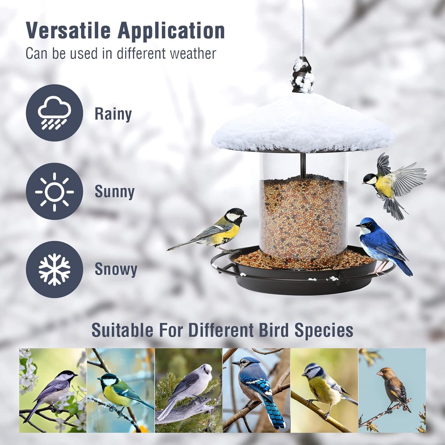 Demonstrates the bird feeder's versatility by showing it works in multiple weather conditions (rainy, sunny, snowy) and attracts various bird species, reassuring shoppers of its year-round…