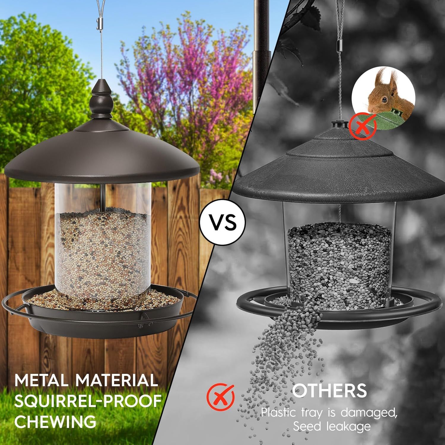 Demonstrates the superiority of this bird feeder's metal construction over competitors' plastic trays, emphasizing durability and squirrel-proof design to prevent damage and seed leakage.