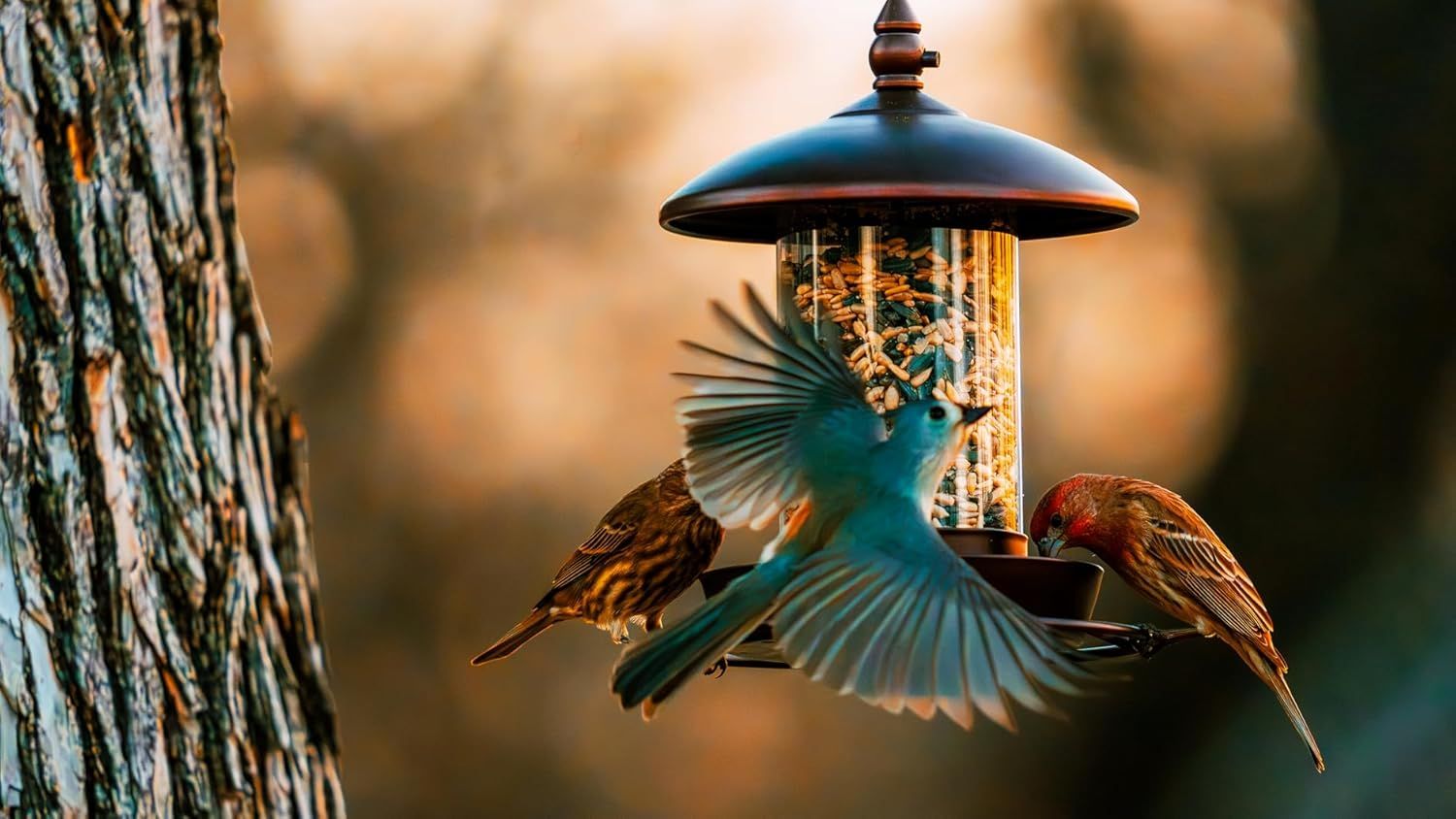 Demonstrates the bird feeder in a real-world outdoor setting with birds actively using it, showing shoppers the product's effectiveness and natural appeal.