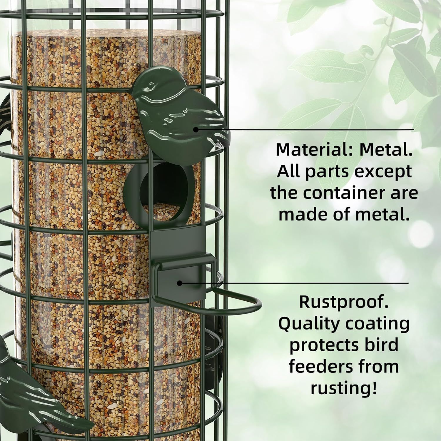Communicates the product's durable metal construction and rustproof coating to reassure shoppers of its quality and longevity.