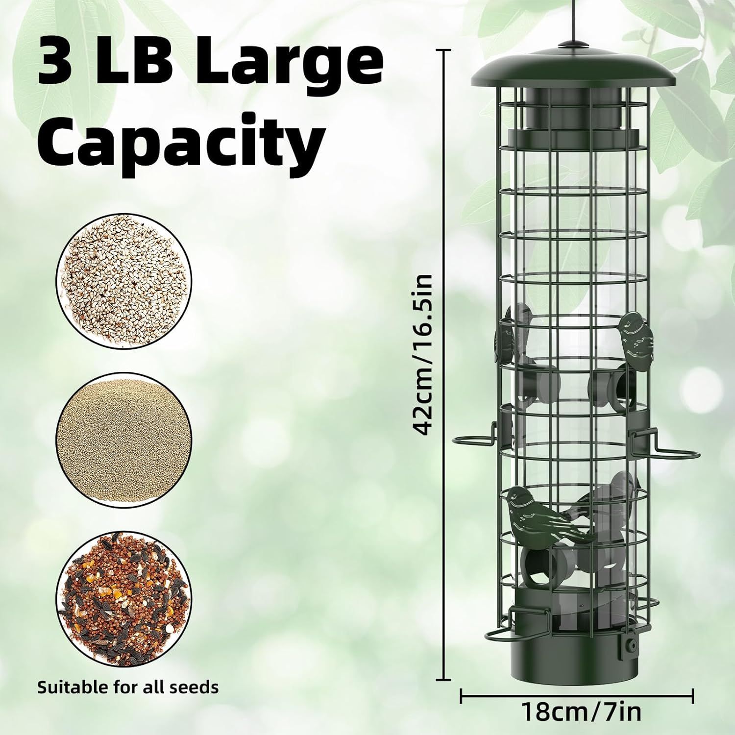 Communicates the large 3-pound seed capacity to reassure shoppers that the feeder can hold substantial amounts of bird seed and requires less frequent refilling. Shows the exact physical dimensions…