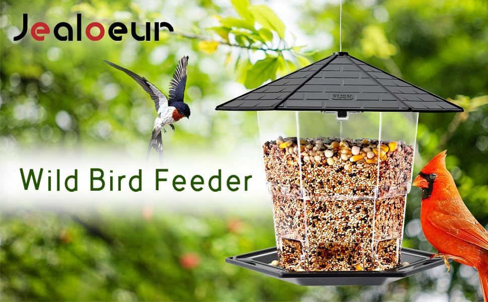 Demonstrates the bird feeder in a natural outdoor setting with real birds to show the product in use and help shoppers visualize it in their own backyard.