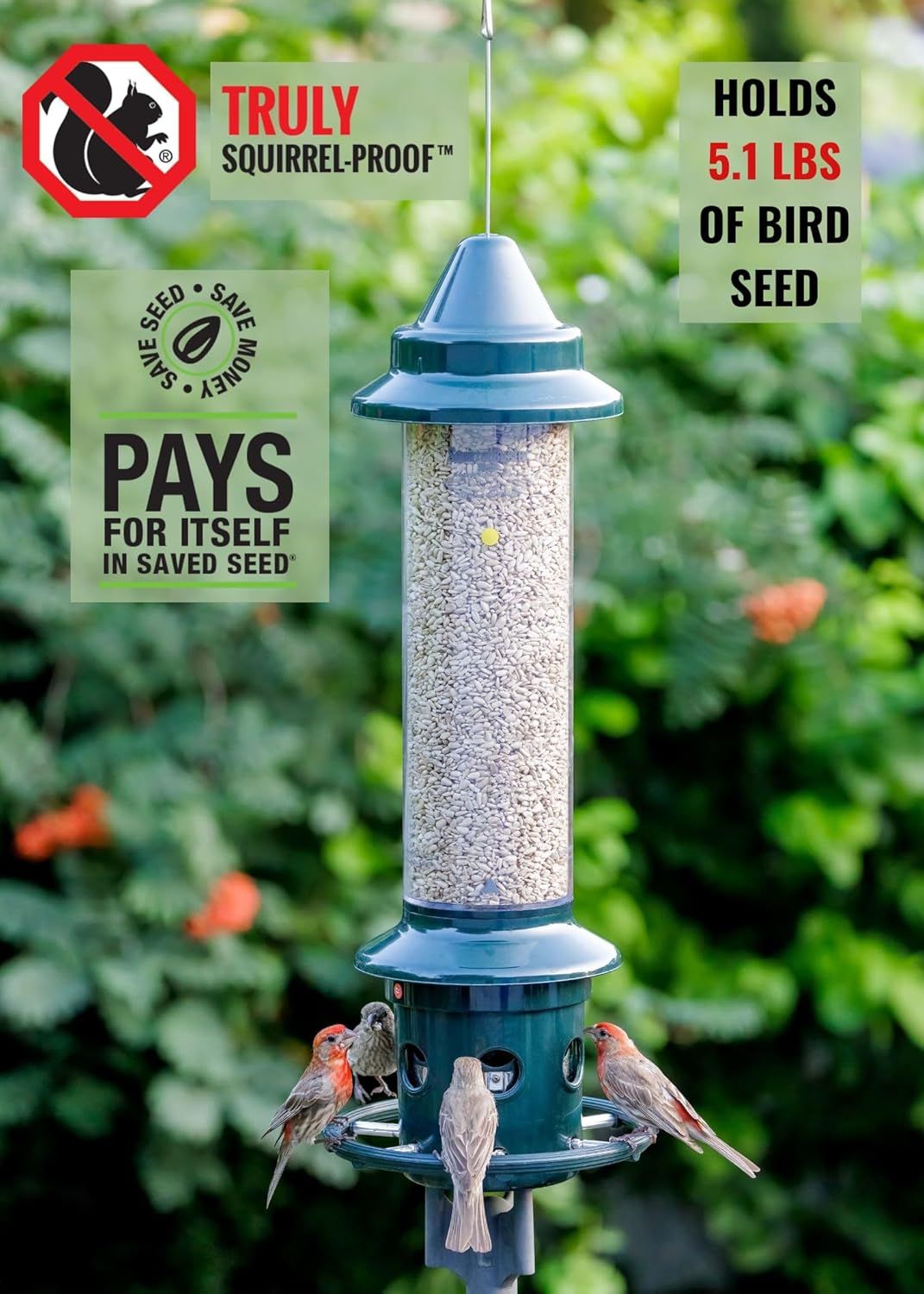 Communicates multiple distinct benefits of the bird feeder: it prevents squirrels from accessing the seed, holds a large 5.1 lb capacity, and saves money by reducing wasted seed.