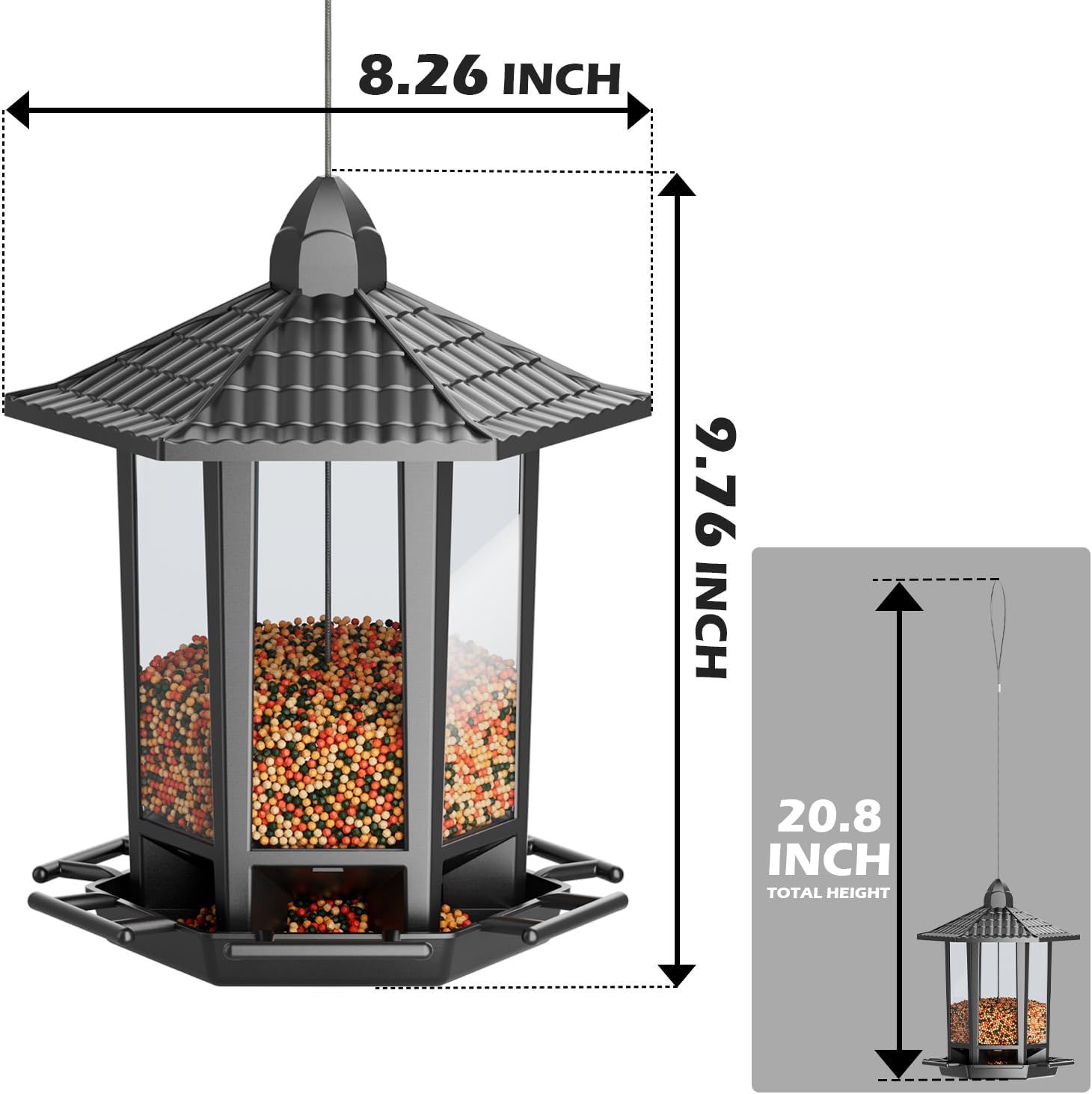 Communicates the exact physical dimensions of the bird feeder to help shoppers understand its size and ensure it fits their intended space.