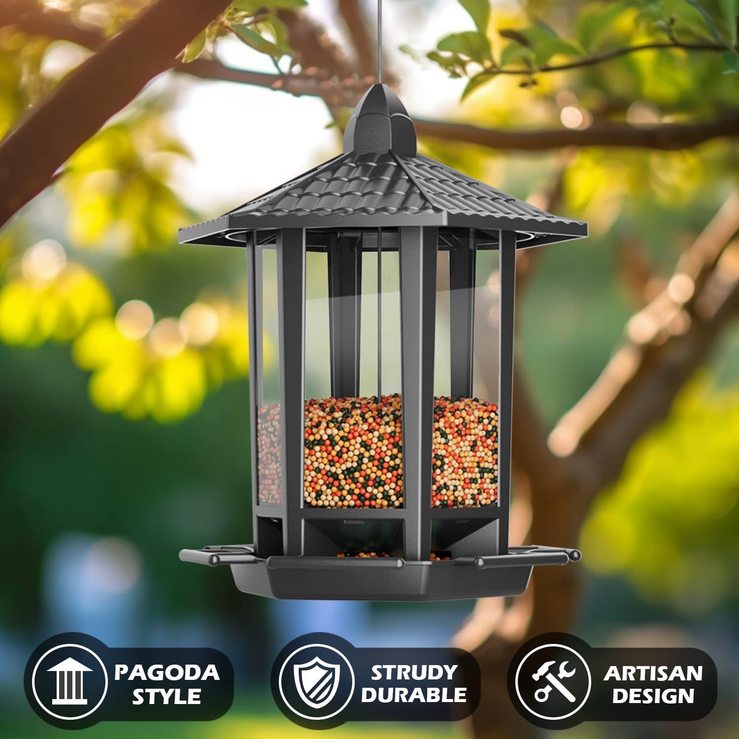 Communicates three distinct selling benefits of the bird feeder: its aesthetic pagoda-style design, durable construction, and artisan craftsmanship to appeal to shoppers seeking quality and style.