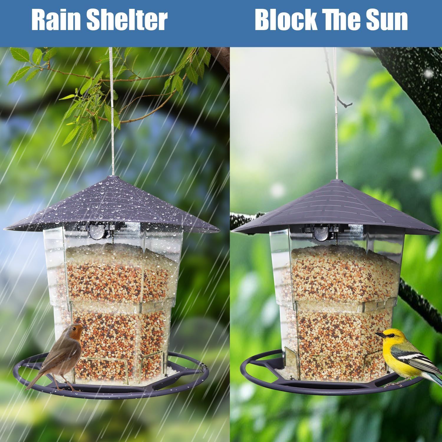 Demonstrates the bird feeder's versatility by showing it functions effectively in two different weather conditions—protecting bird seed from rain and providing shade from sun. Highlights the…