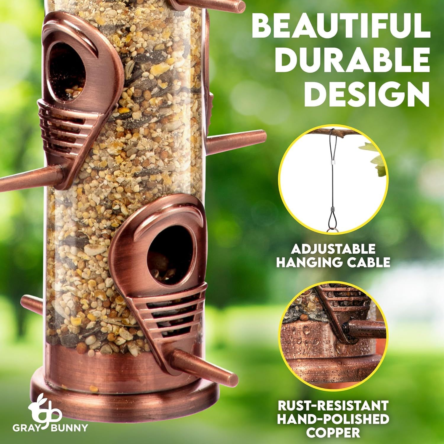 Communicates three distinct product benefits in a segmented layout: aesthetic appeal and durability, easy installation with adjustable hanging, and premium rust-resistant copper construction.