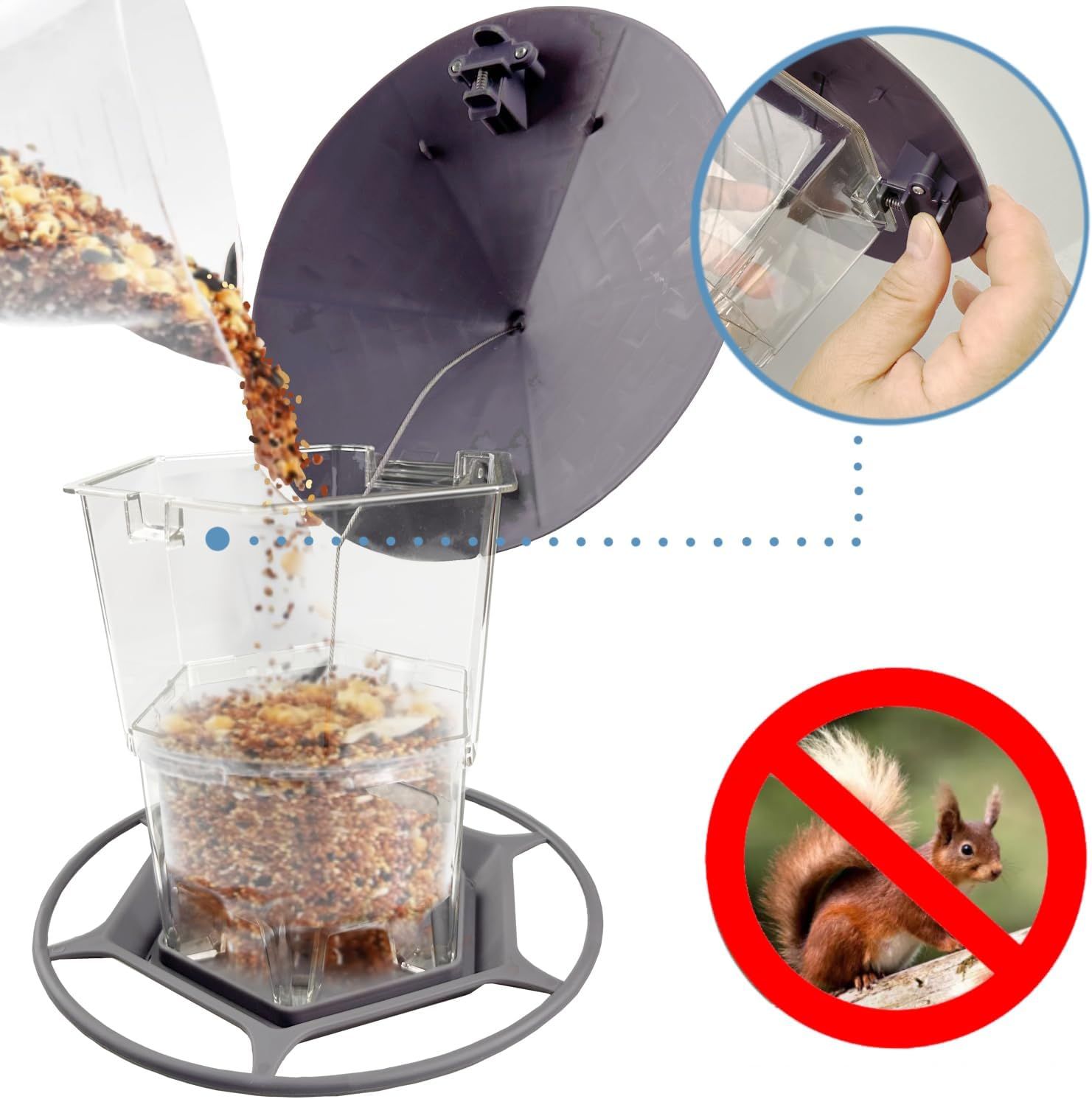 Highlights the physical components and design of the bird feeder, showing how the removable lid works and demonstrating the squirrel-proof feature to reassure buyers of its functionality and ease of…