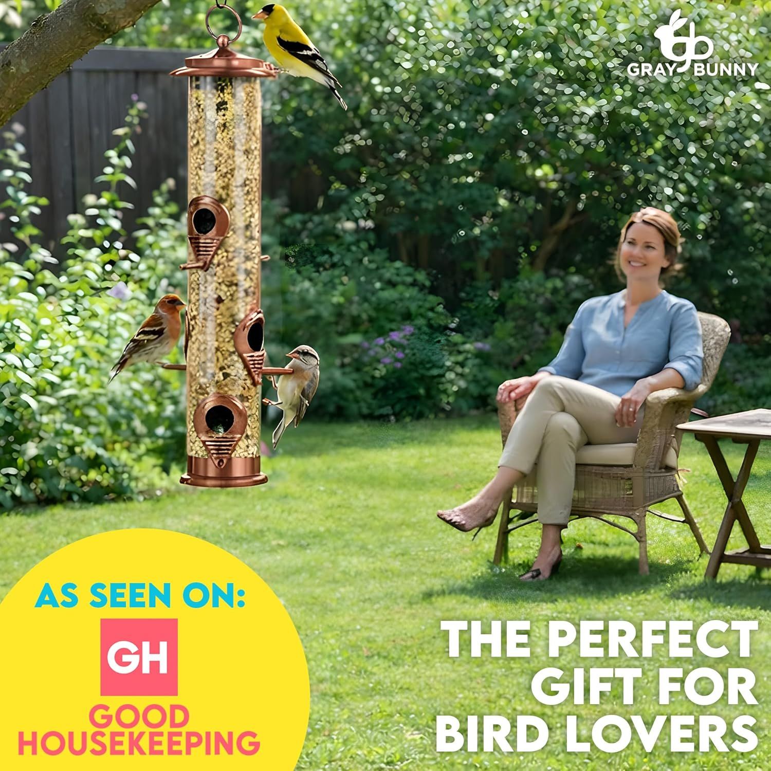 Builds credibility and trust by showcasing that the bird feeder has been featured by Good Housekeeping, a recognized authority in home and lifestyle products. Positions the bird feeder as an ideal…