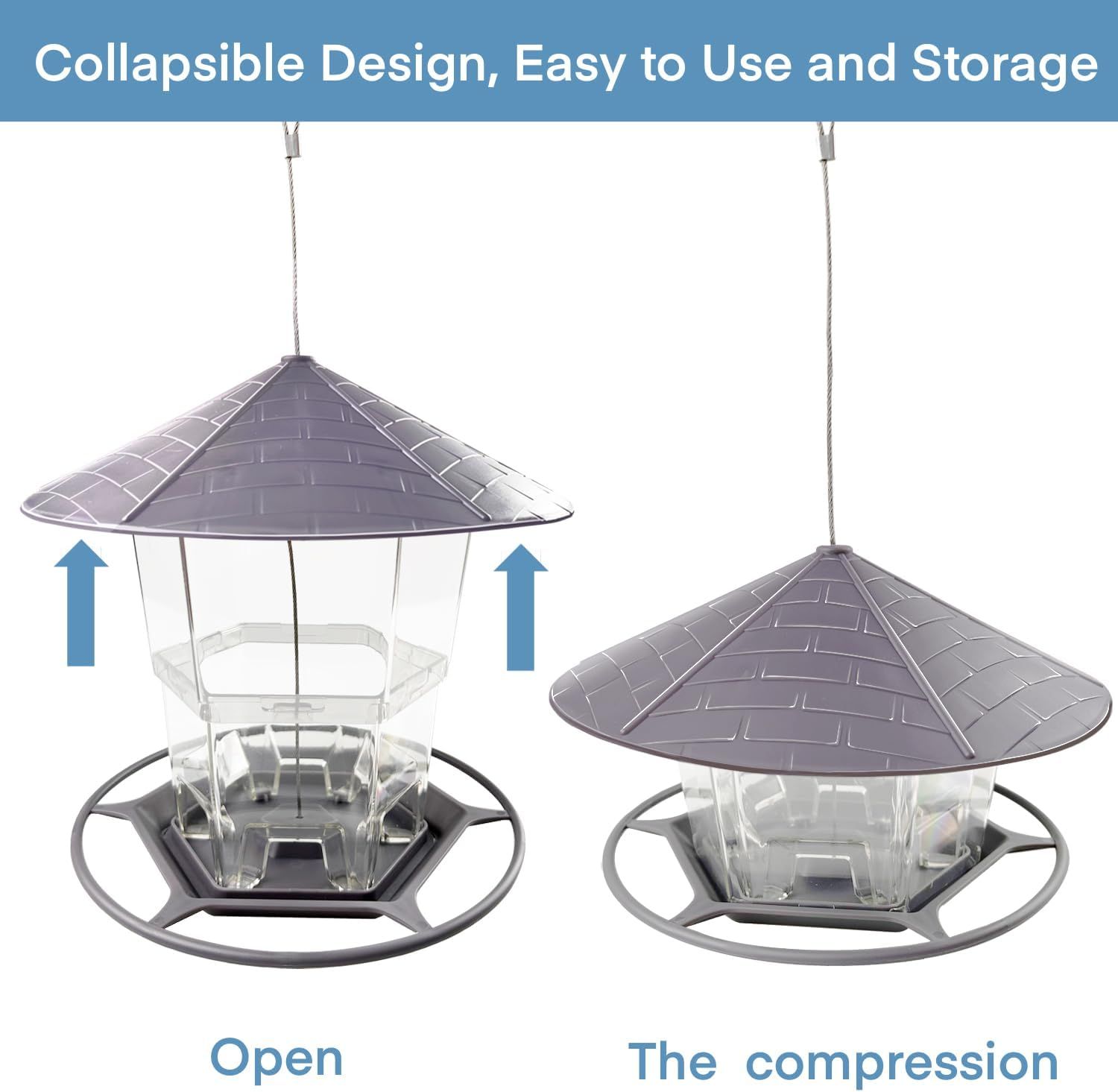 Demonstrates how the bird feeder's collapsible roof mechanism works, showing the product in both open and compressed states to communicate ease of storage and space-saving functionality. Highlights…
