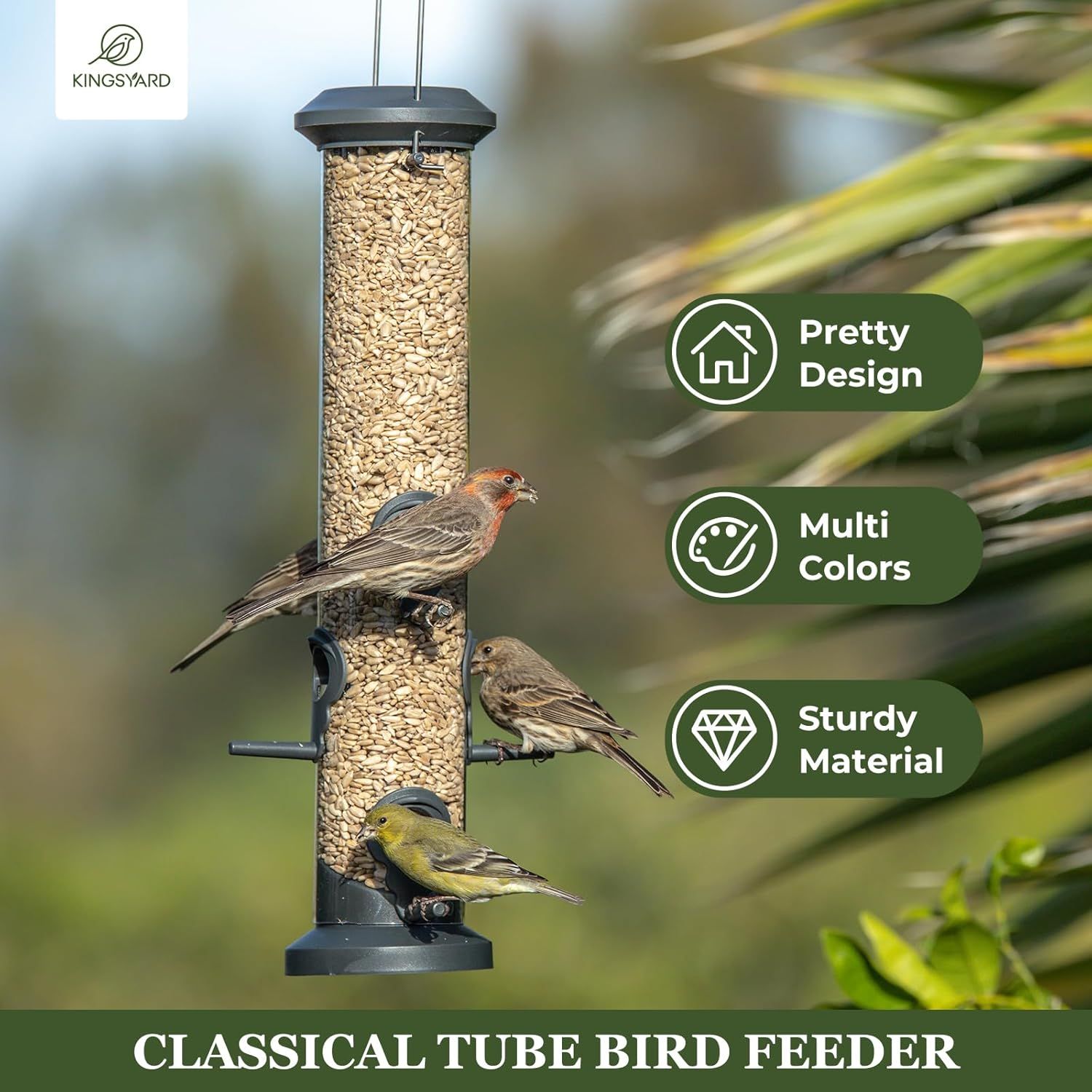 Highlights three distinct selling benefits of the bird feeder: attractive design for home aesthetics, multiple color options for personalization, and durable construction for longevity.
