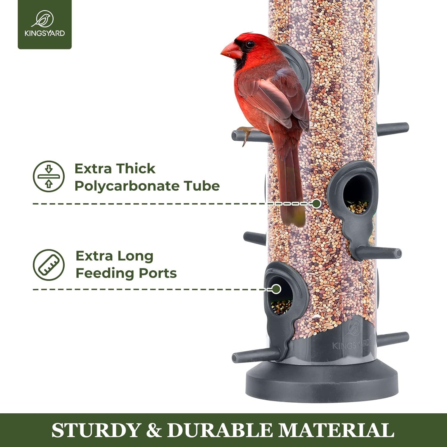 Highlights the physical construction features of the bird feeder, specifically the durable tube material and extended feeding ports, to reassure shoppers of quality and functionality. Communicates…